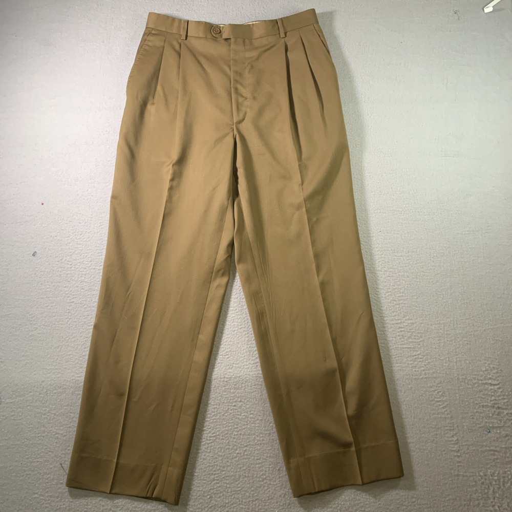 Angelico Dress Pants Men 32 X 30 Tan 100% Wool Pleated Italy see Description